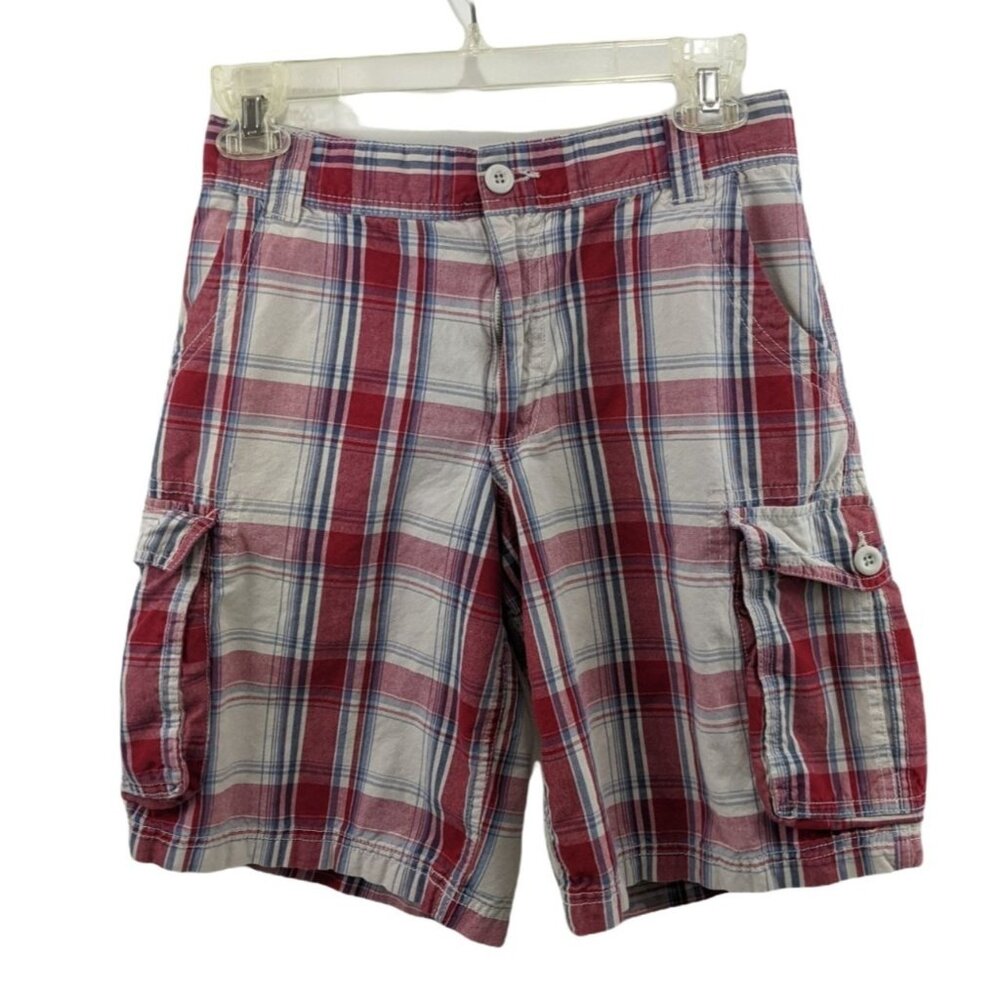 Arizona 16 Husky 31 waist Red, White Plaid 100% Cotton Cargo Shorts Pockets 39h